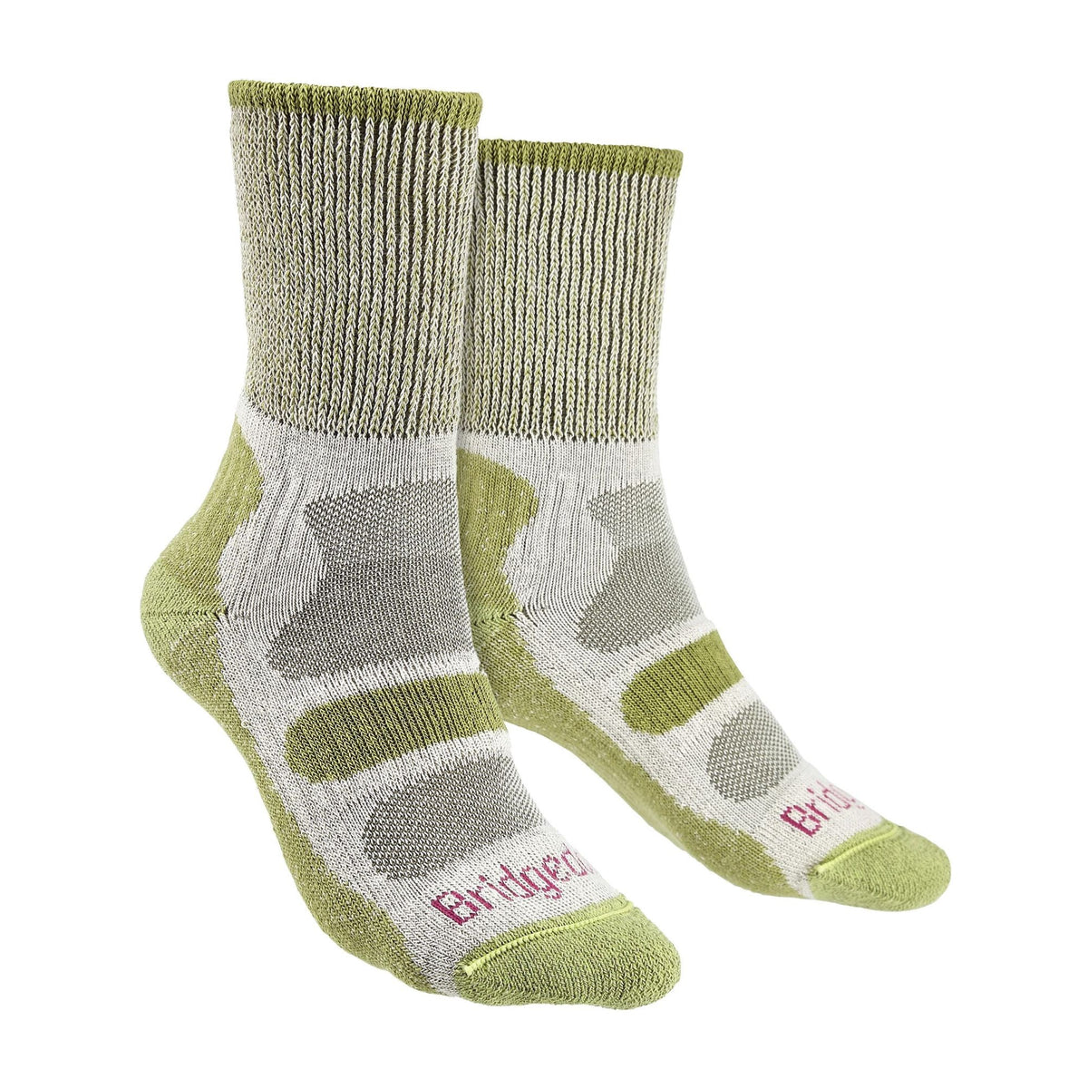 Spring green and gray ladies hiking boot socks with cushioned patterned design.