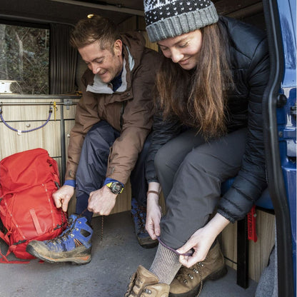 Light gray boot socks worn with hiking boots by two people