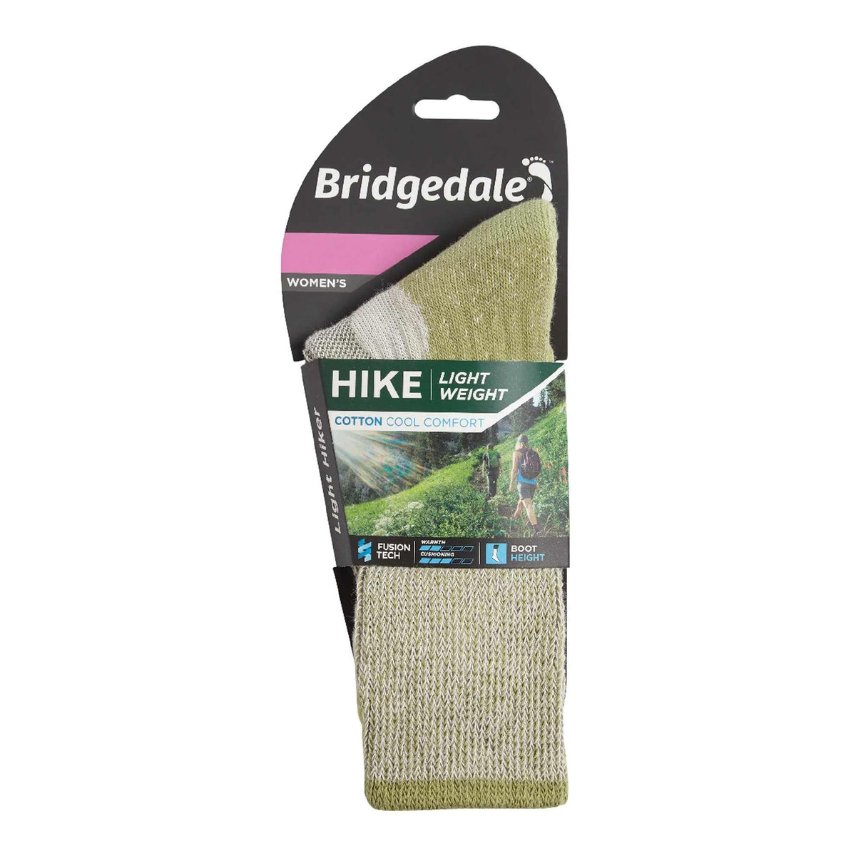 Women’s spring green hiking boot socks on retail card, lightweight cotton cool comfort.