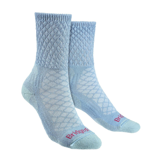 Lightweight merino hiking boot socks, powder blue with cushioned sole and red logo