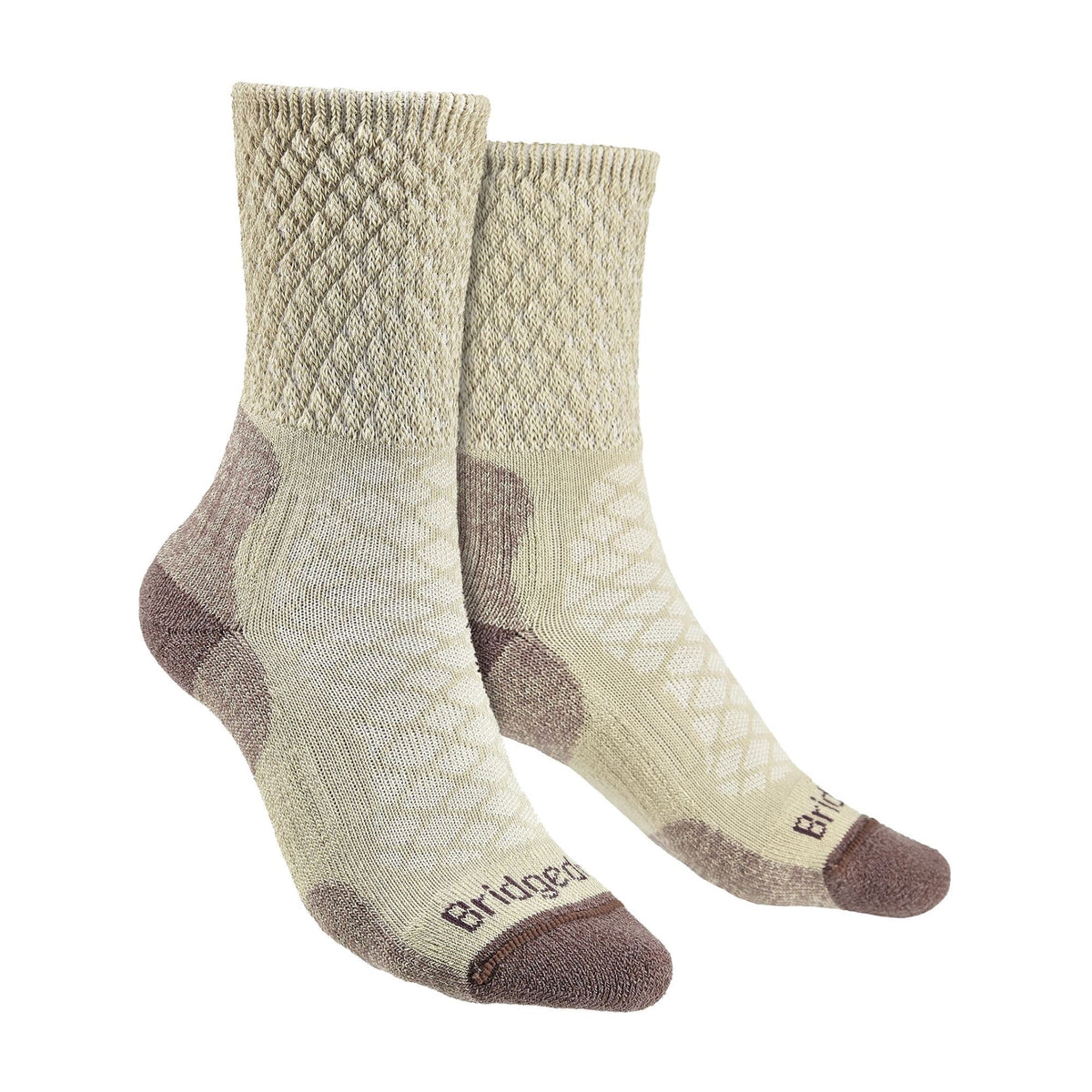 Lightweight merino hiking boot socks, sand with cushioned sole and brown logo