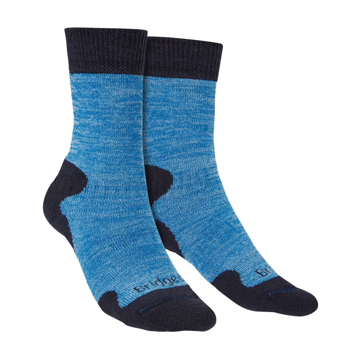 Blue marl merino wool boot socks, ribbed cuffs and black heel toe patches