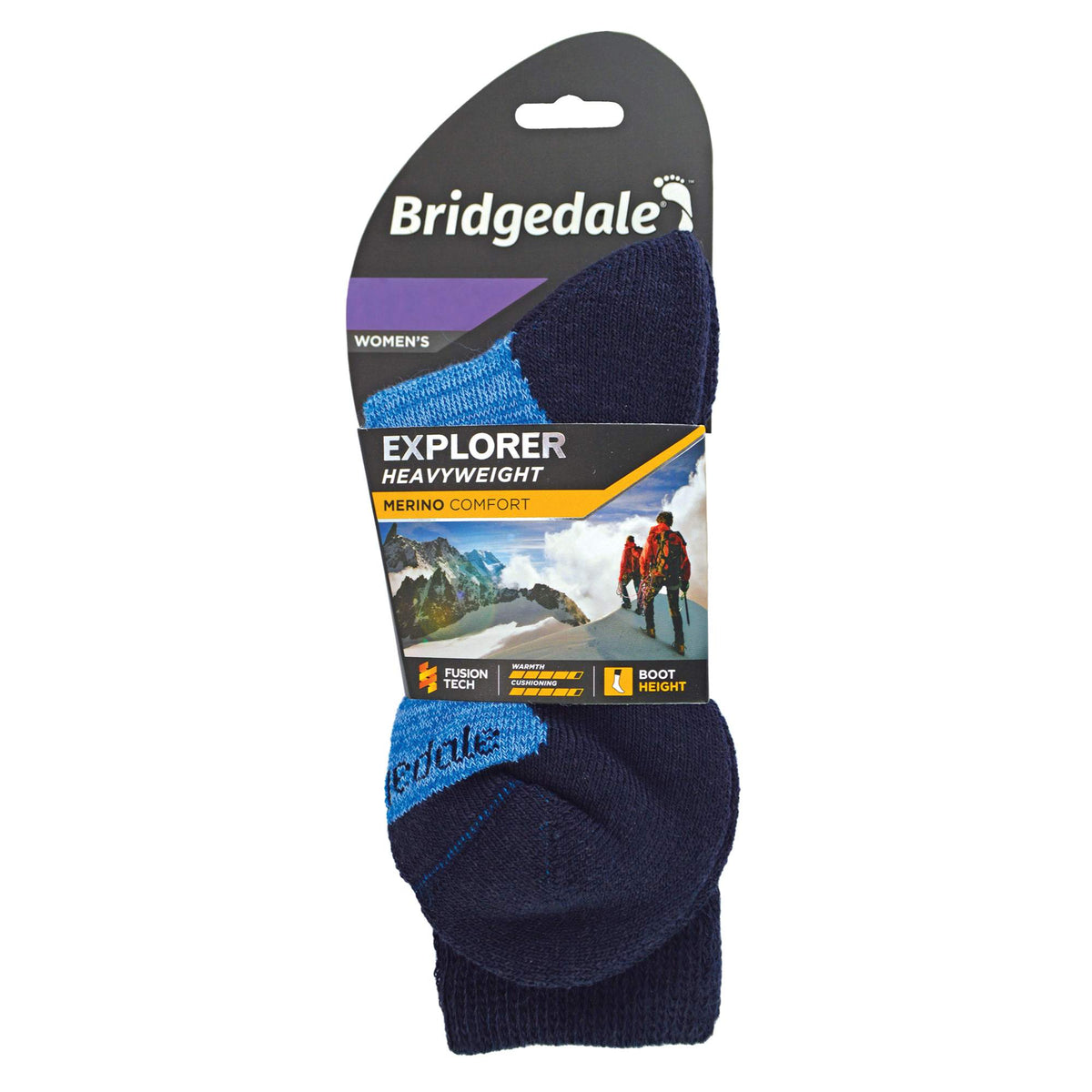 Blue marl merino wool boot socks on retail card, shown as a folded pair