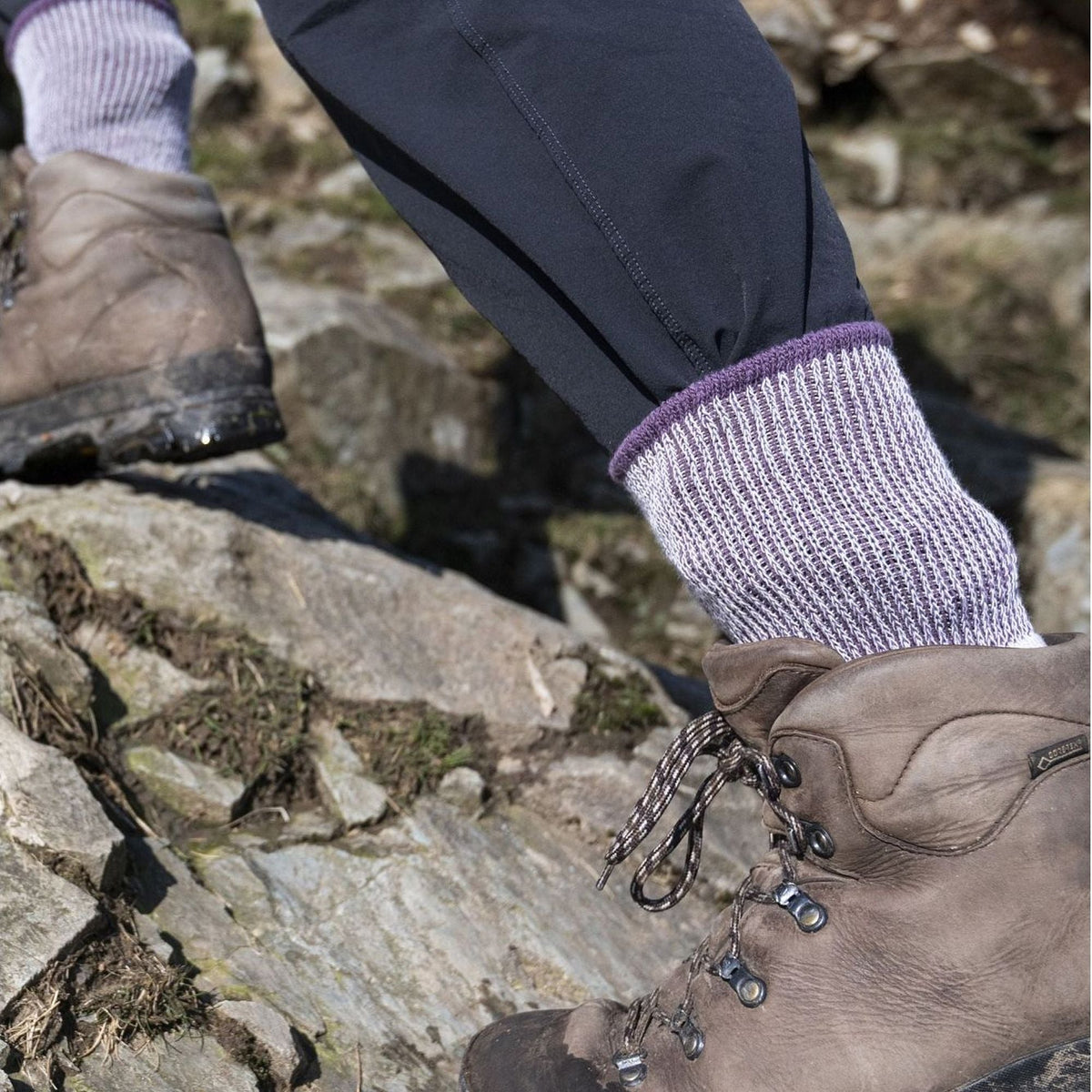 Ladies midweight merino wool cushioned boot socks, violet with ribbed knit cuff