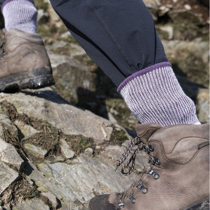 Ladies midweight merino wool cushioned boot socks, violet with ribbed knit cuff