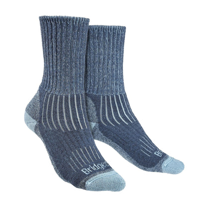 Ladies blue merino wool boot socks with cushioned sole and ribbed mid-calf cuff