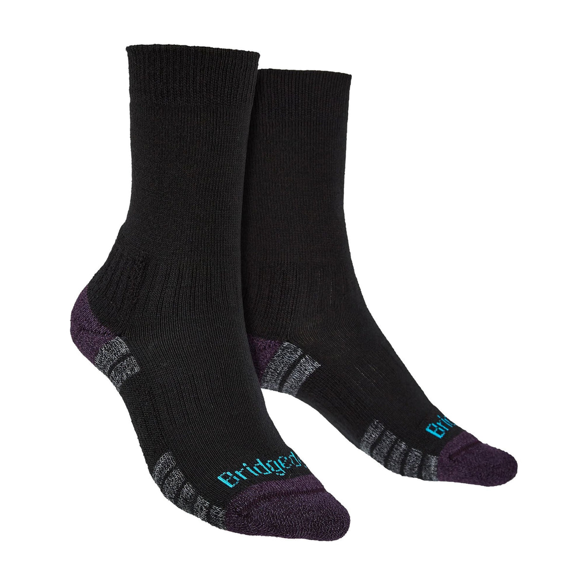 Black hiking boot socks with purple accents, merino wool blend, 1 pair