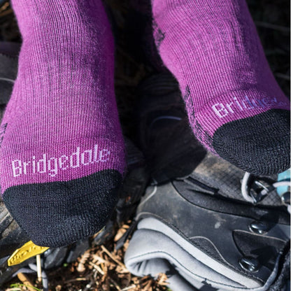 Black hiking boot socks with purple heel, “Bridgedale” logo, cushioned toe