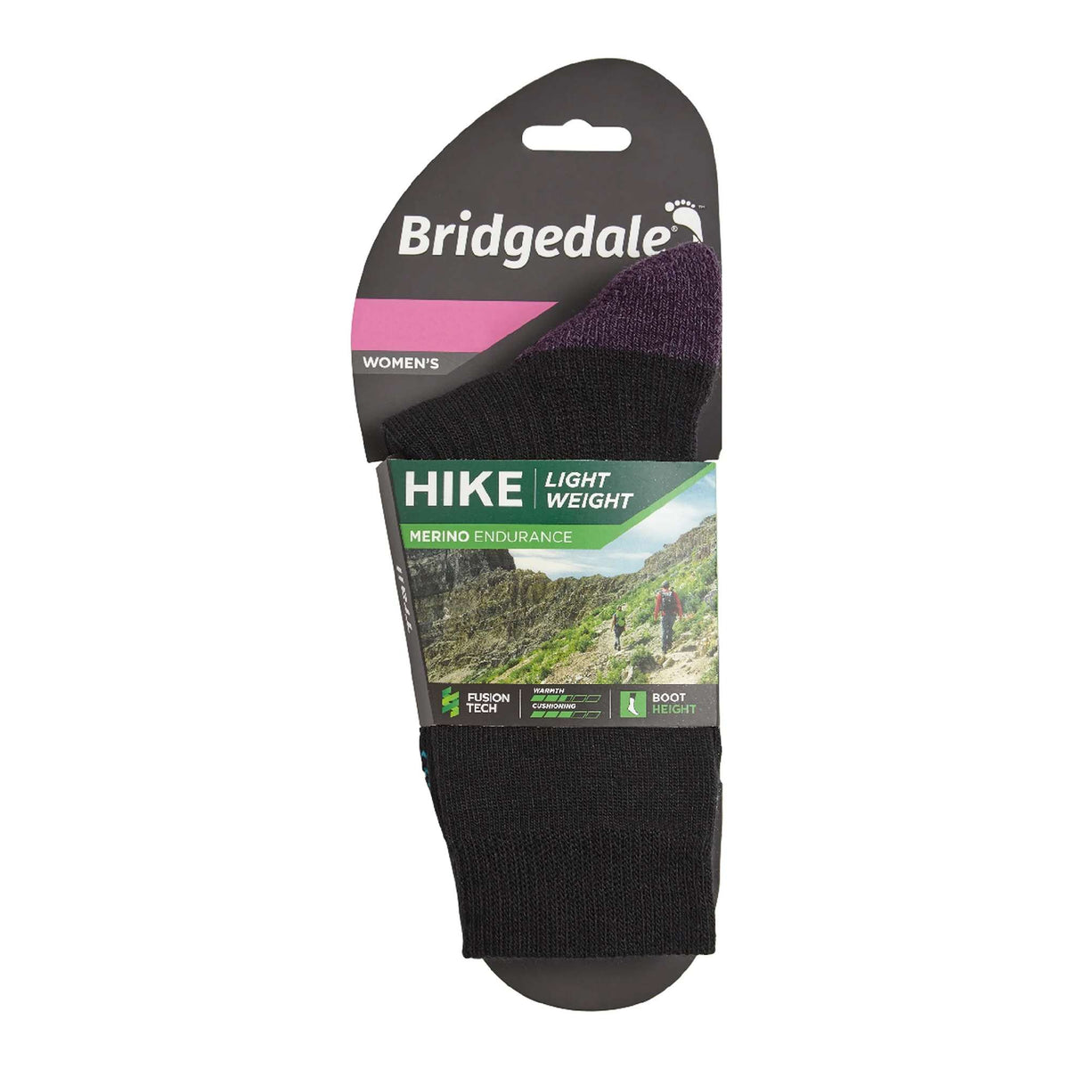 Black and purple lightweight merino hiking boot socks package for women