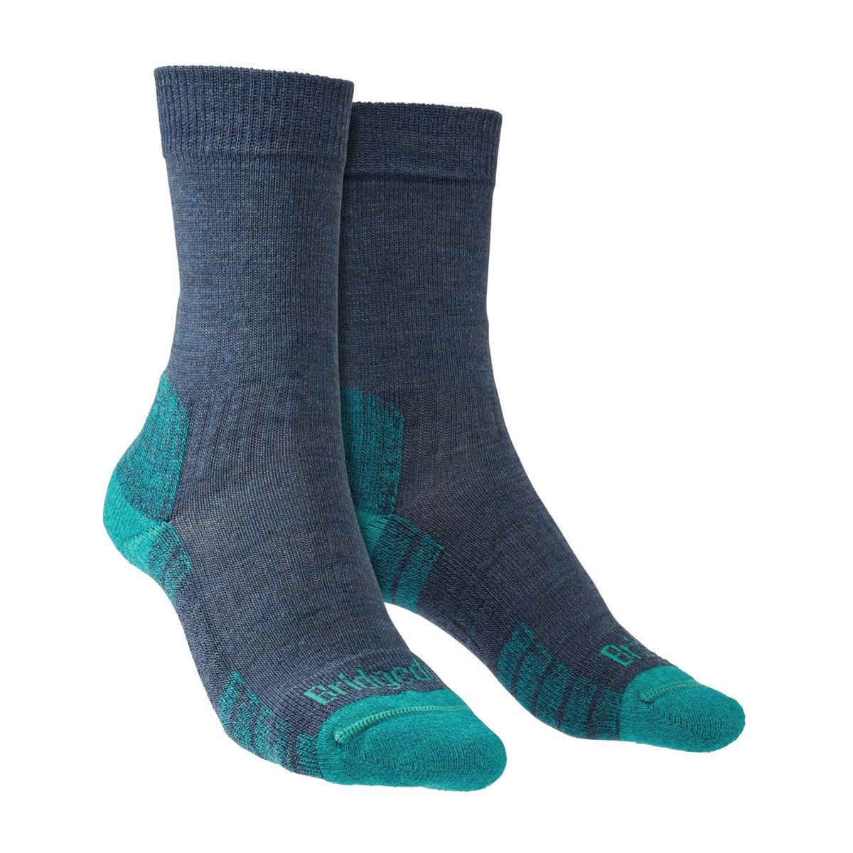 Denim blue hiking boot socks with teal toe and heel, merino wool blend, 1 pair
