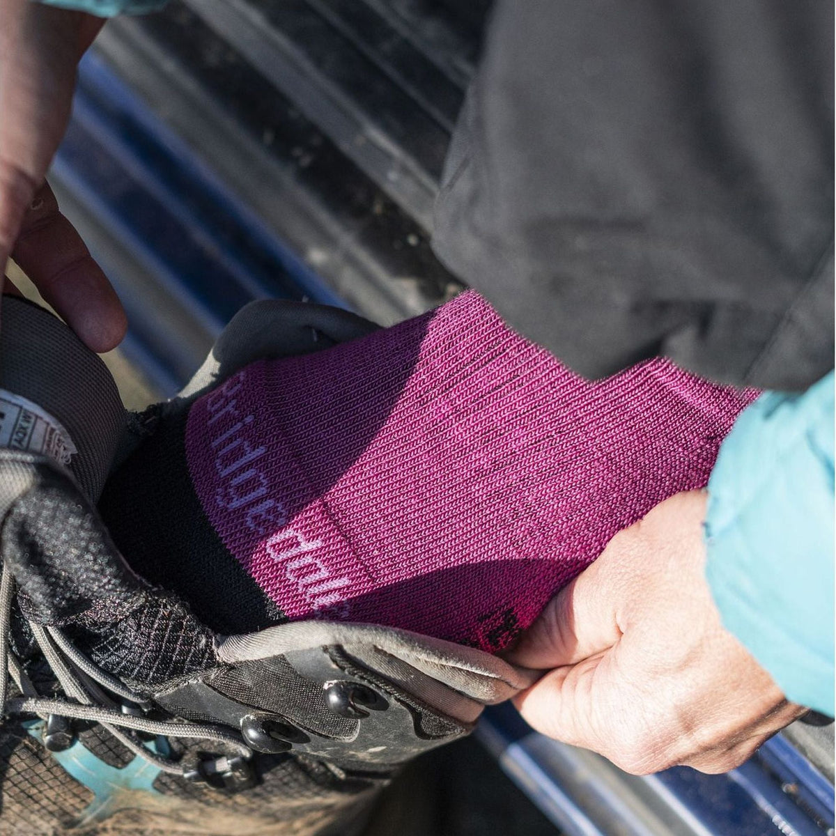 Berry merino hiking boot socks, ribbed knit with logo detail near the cuff