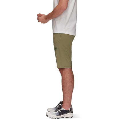 Olive men's trail running shorts, button waist, side pockets, logo patch