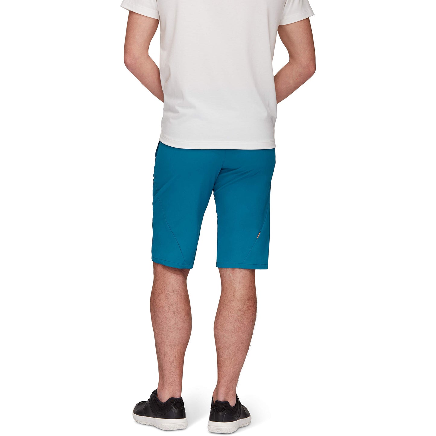 Men's trail running shorts in teal blue, front view, drawcord waistband, side pocket