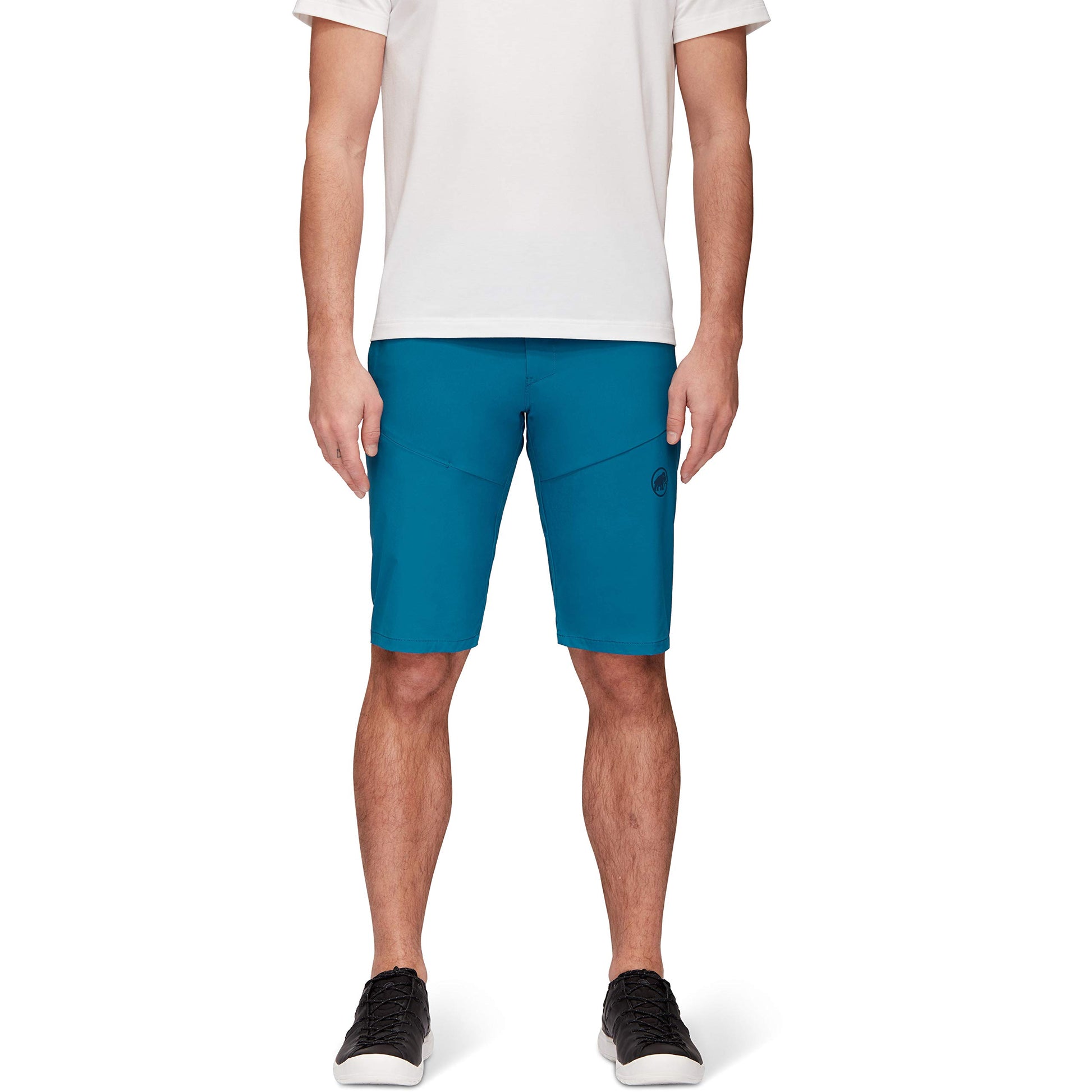 Men's trail running shorts, teal blue, back view with elastic waistband and side pocket