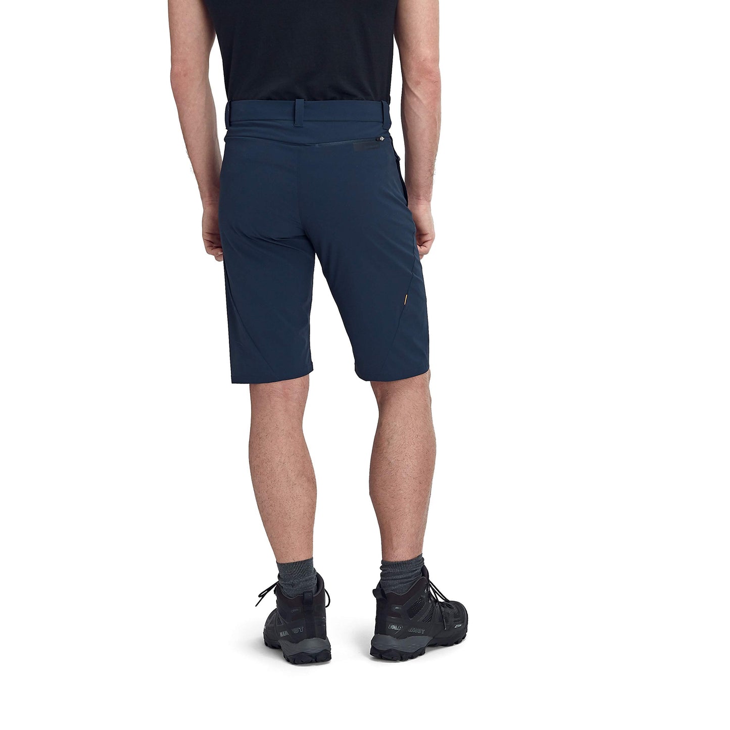 Men's trail running shorts, dark navy back view with waistband and small side logo