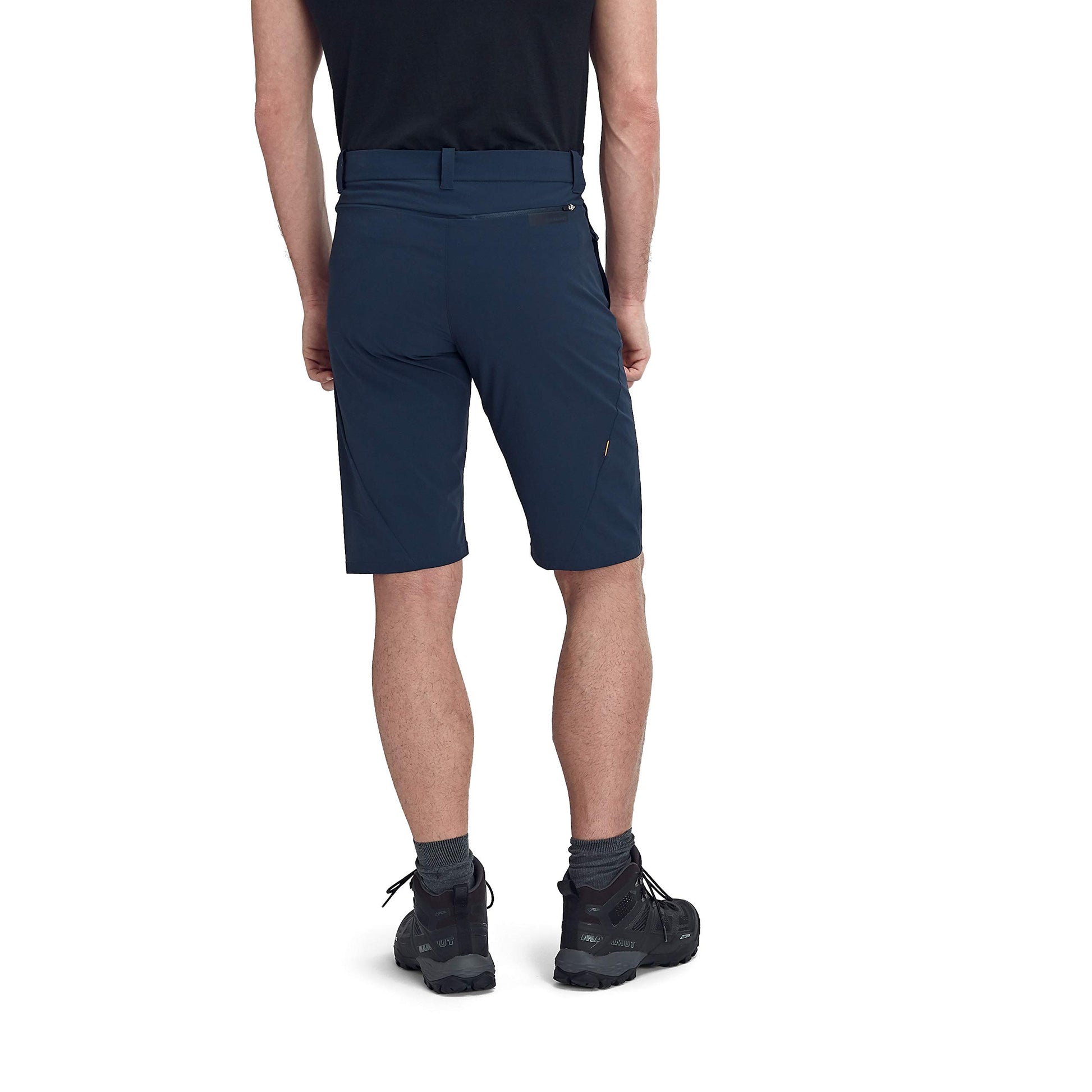 Men's trail running shorts, dark navy back view with waistband and small side logo
