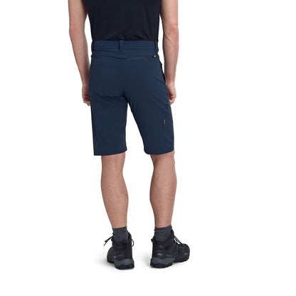 Men's trail running shorts, dark navy back view with waistband and small side logo