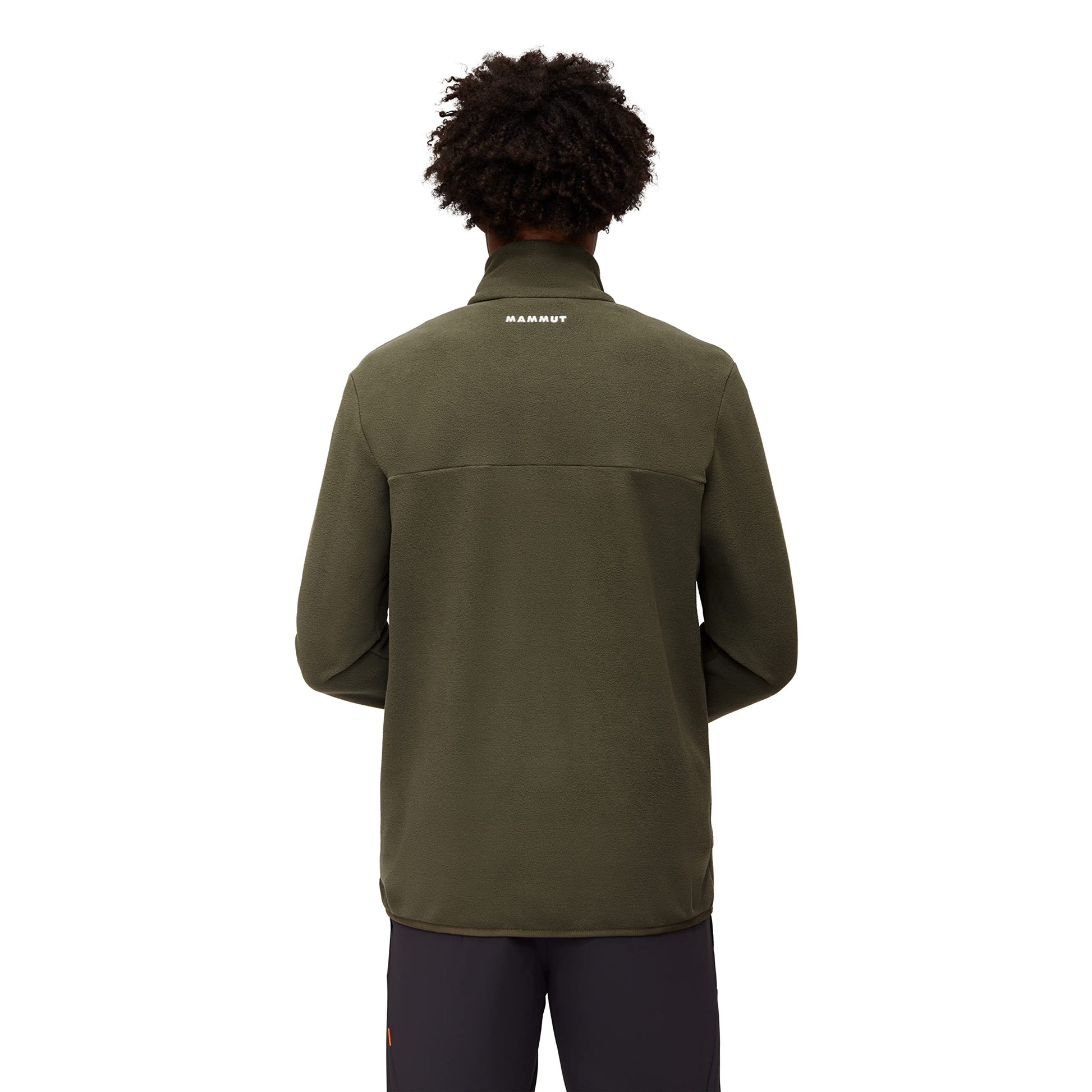 Men’s lightweight fleece jacket, olive-green, back view with collar logo