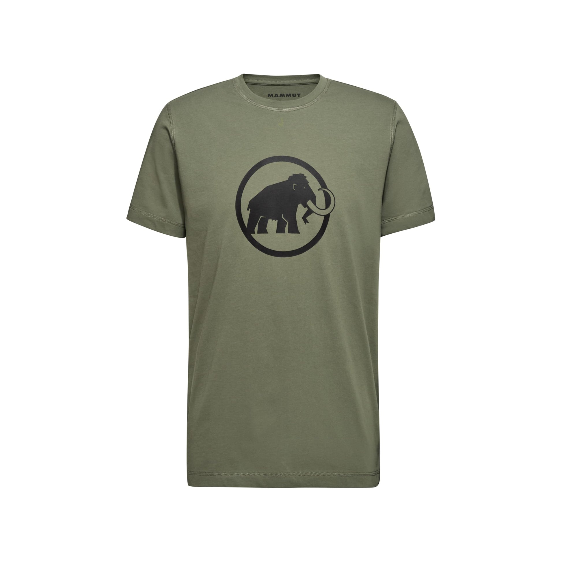Men's short-sleeve T-shirt in olive green with black circular elephant logo print