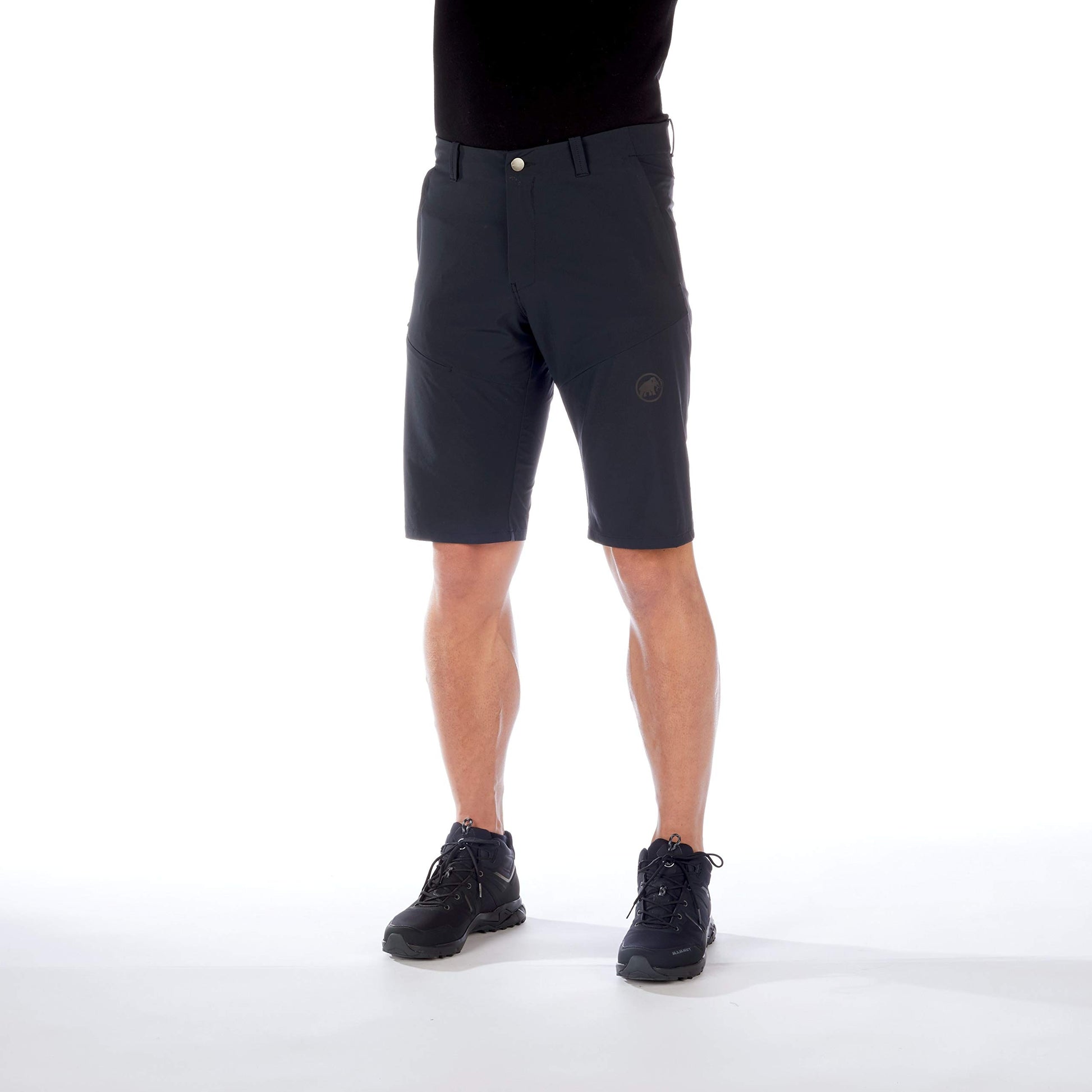Men’s dark blue trail running shorts, back view with logo on right thigh