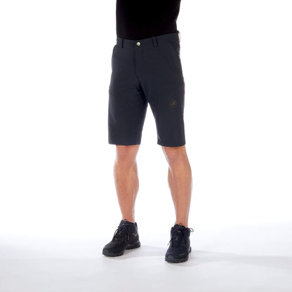 Men’s dark blue trail running shorts, back view with logo on right thigh