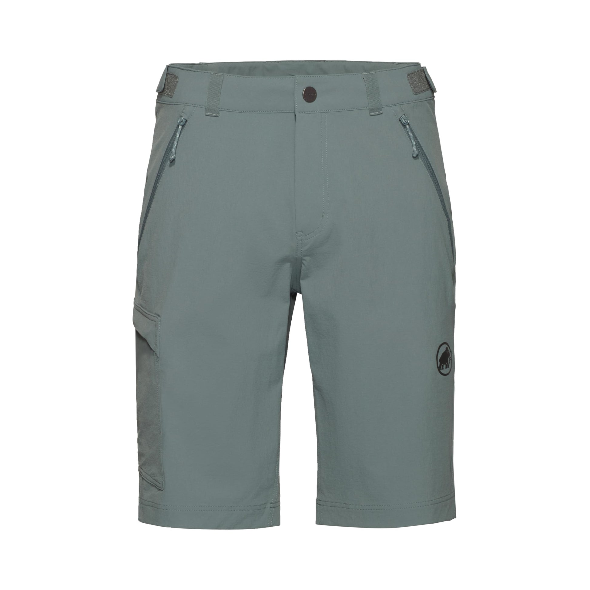 Men's trail running shorts in muted green with button waistband and side pockets
