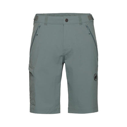 Men's trail running shorts in muted teal/gray with belt loops and side pocket details
