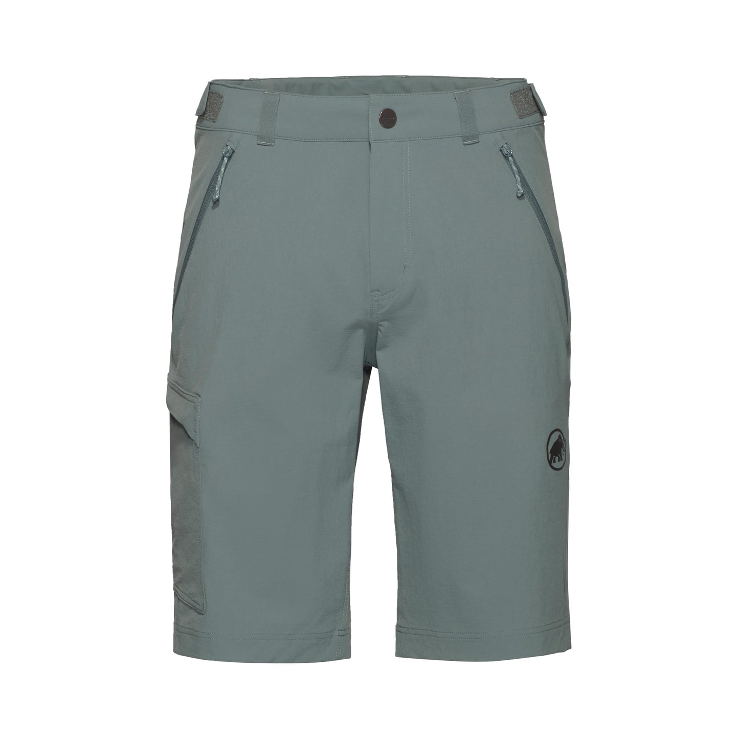 Men's trail running shorts, sage gray, mid-thigh length with side seam pockets