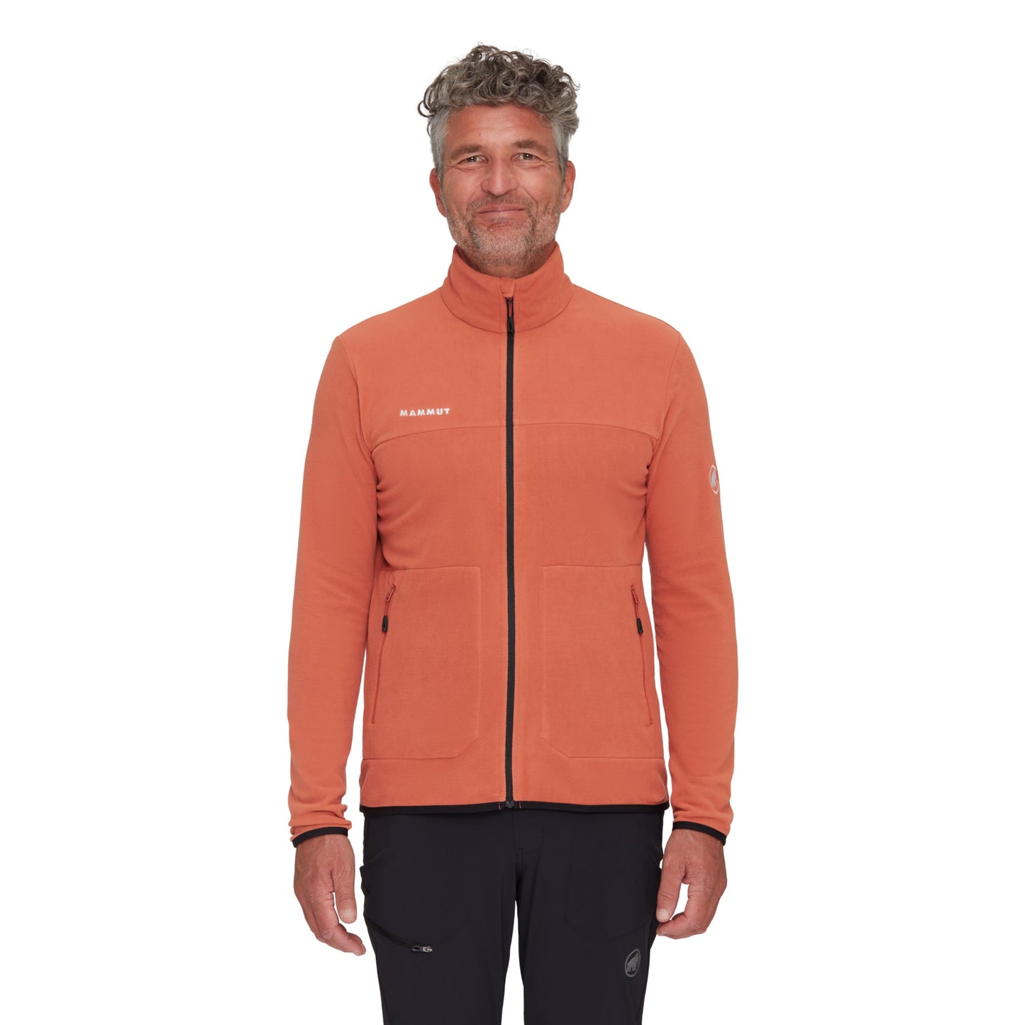 Men's lightweight fleece jacket in coral-orange with full-zip front