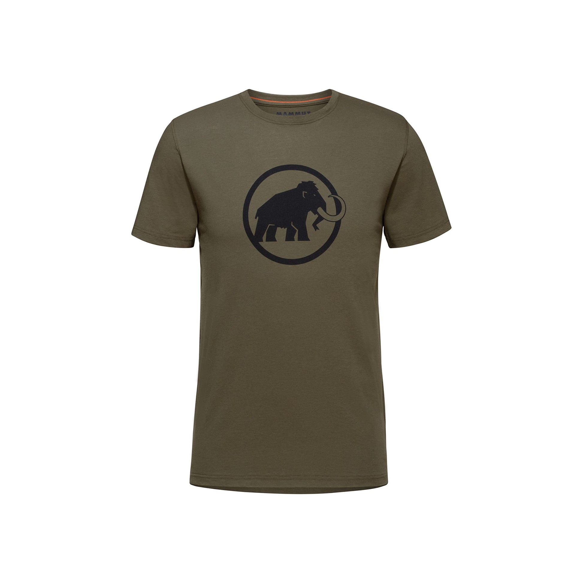 Men's short-sleeve t-shirt, olive brown, crew neck, dark elephant logo in circle