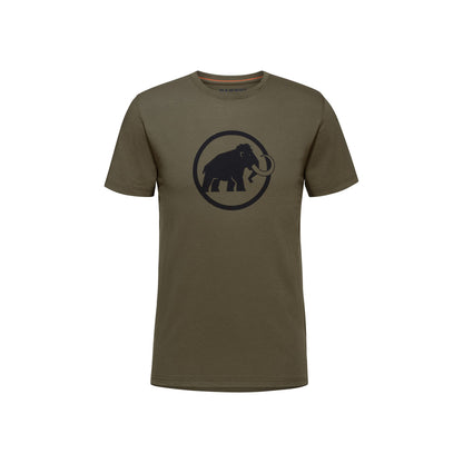 Men's short-sleeve t-shirt, olive brown, crew neck, dark elephant logo in circle