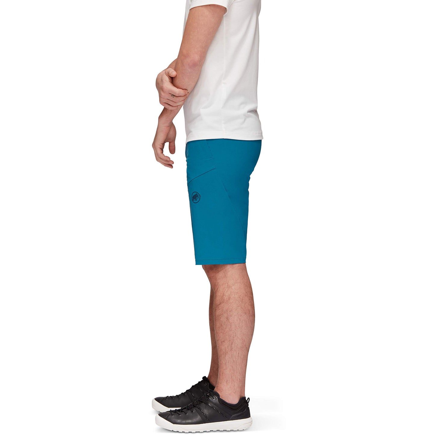 Men's trail running shorts, teal blue, mid-thigh length with secure waistband