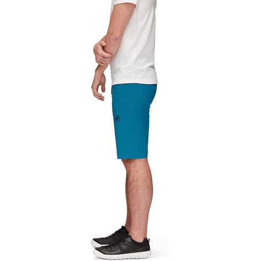 Men's trail running shorts, teal blue, mid-thigh length with zip pockets