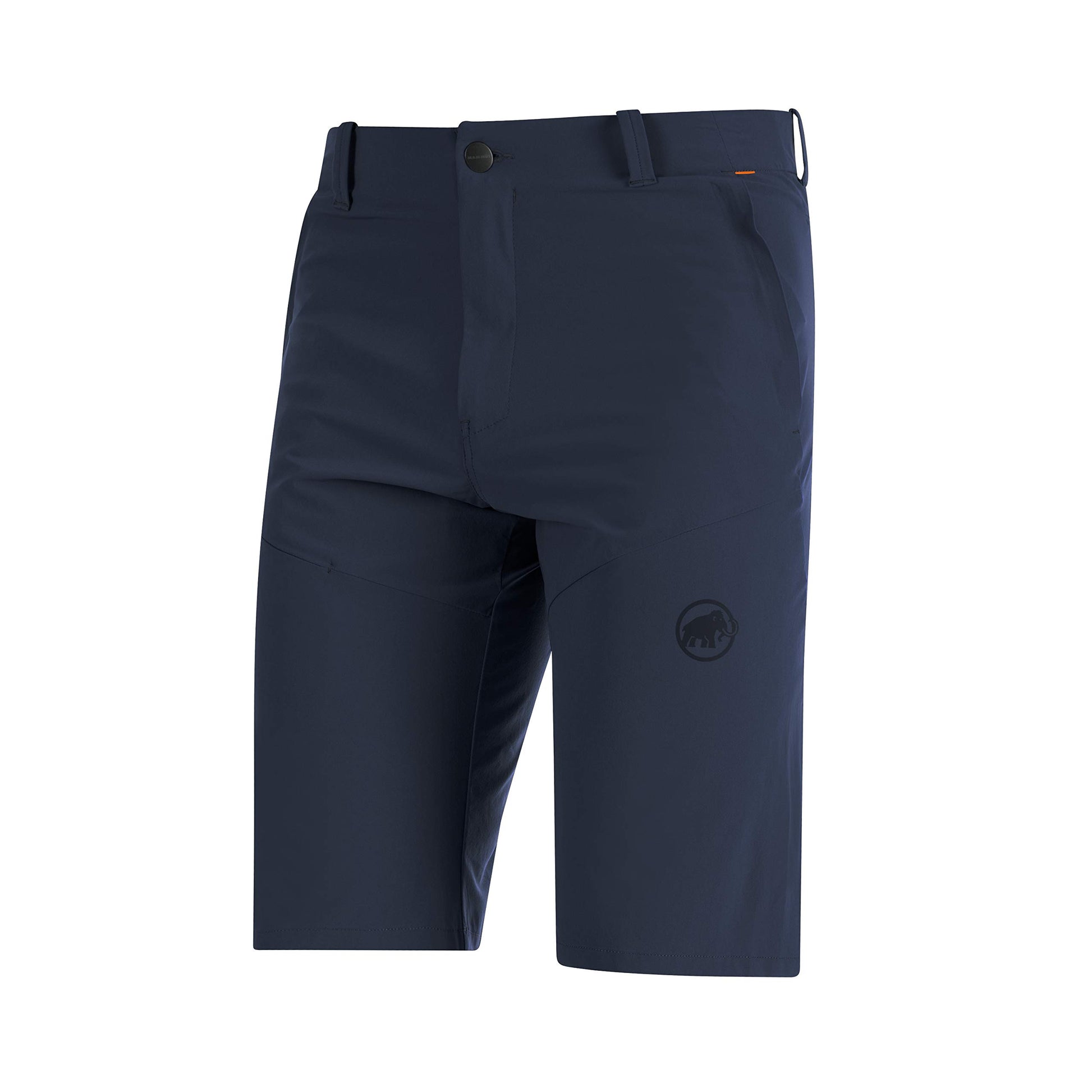Men's trail running shorts in dark navy with belt loops, side pockets, and logo patch
