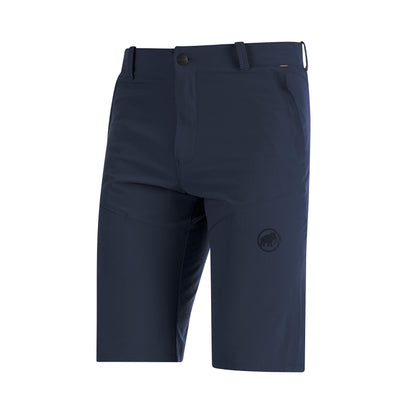 Men's trail running shorts, navy blue with button waistband and logo patch