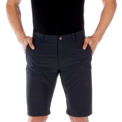 Men’s dark blue trail running shorts, front view with button closure and belt loops