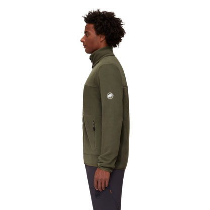 Men's light fleece jacket in dark olive, side view with sleeve logo and zip pocket
