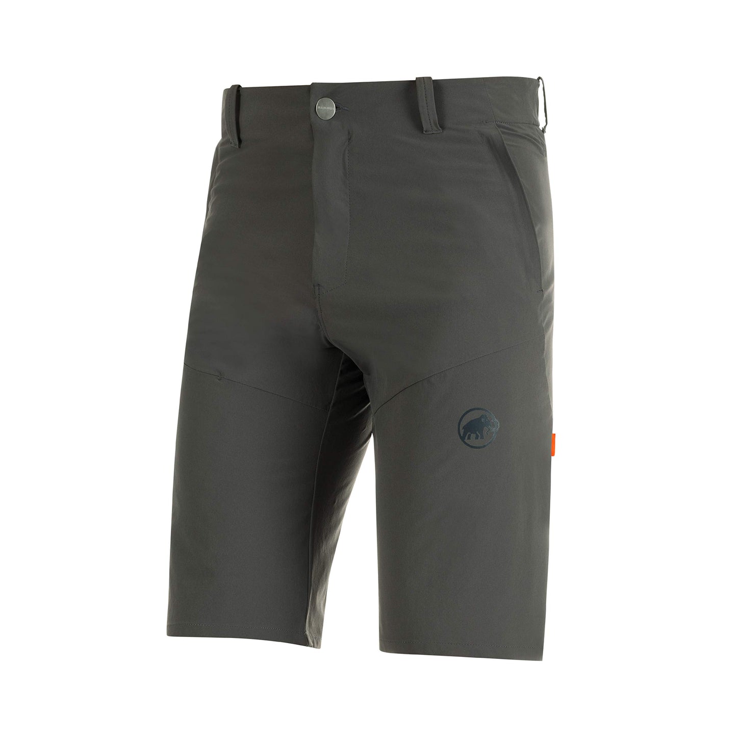 Men's trail running shorts, dark gray with elastic waistband and logo patch