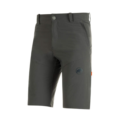 Men's trail running shorts, dark gray with elastic waistband and logo patch