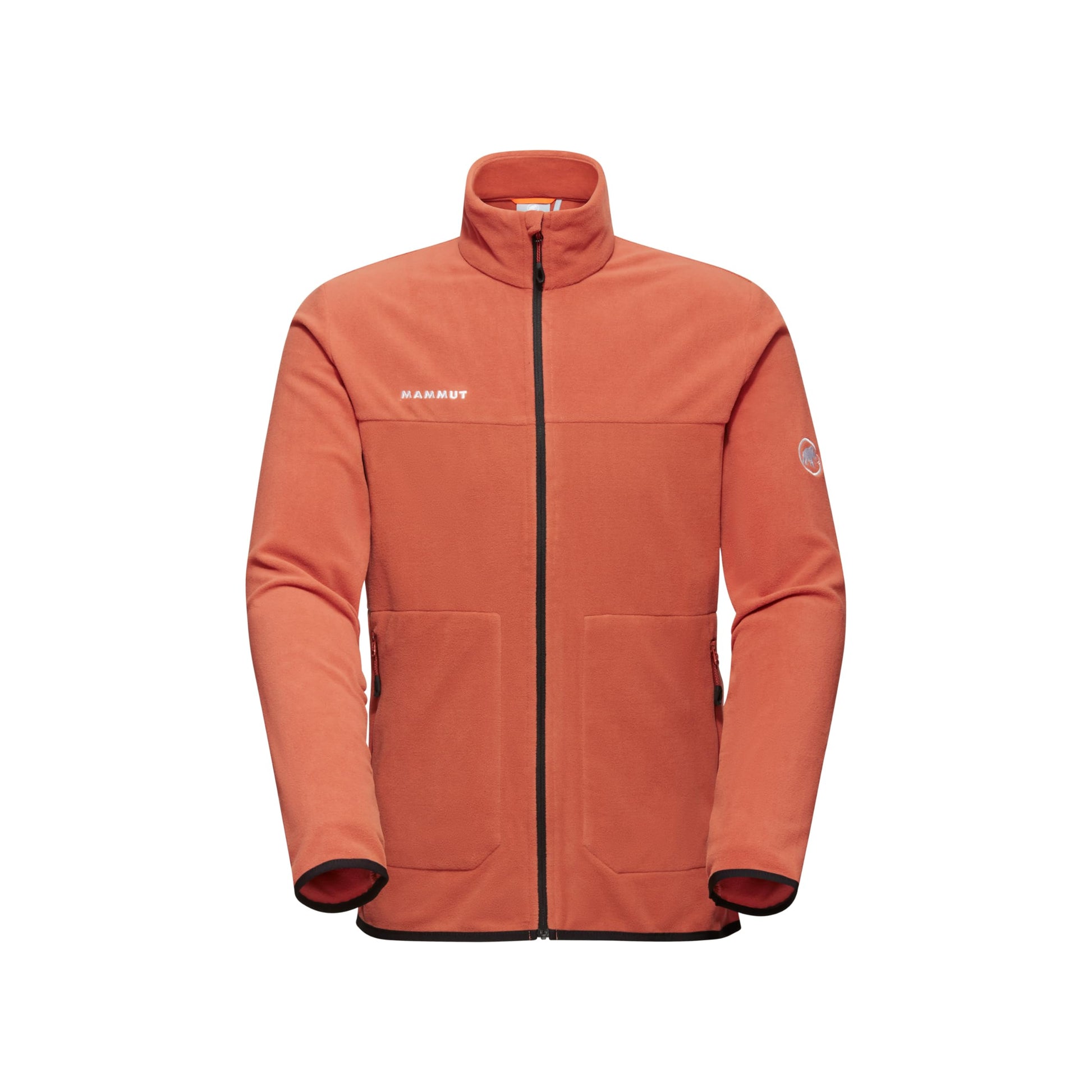 Men's brick orange zip-up fleece jacket with stand collar and zippered hand pockets.