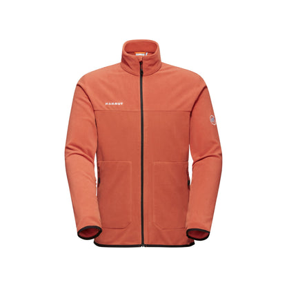 Men's brick orange zip-up fleece jacket with stand collar and zippered hand pockets.