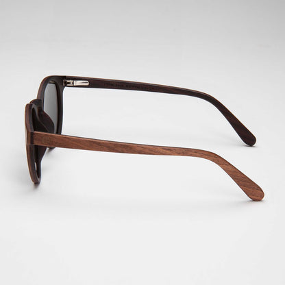 Wood-look sunglasses with mirrored lenses, metal hinge, and angled temple tips