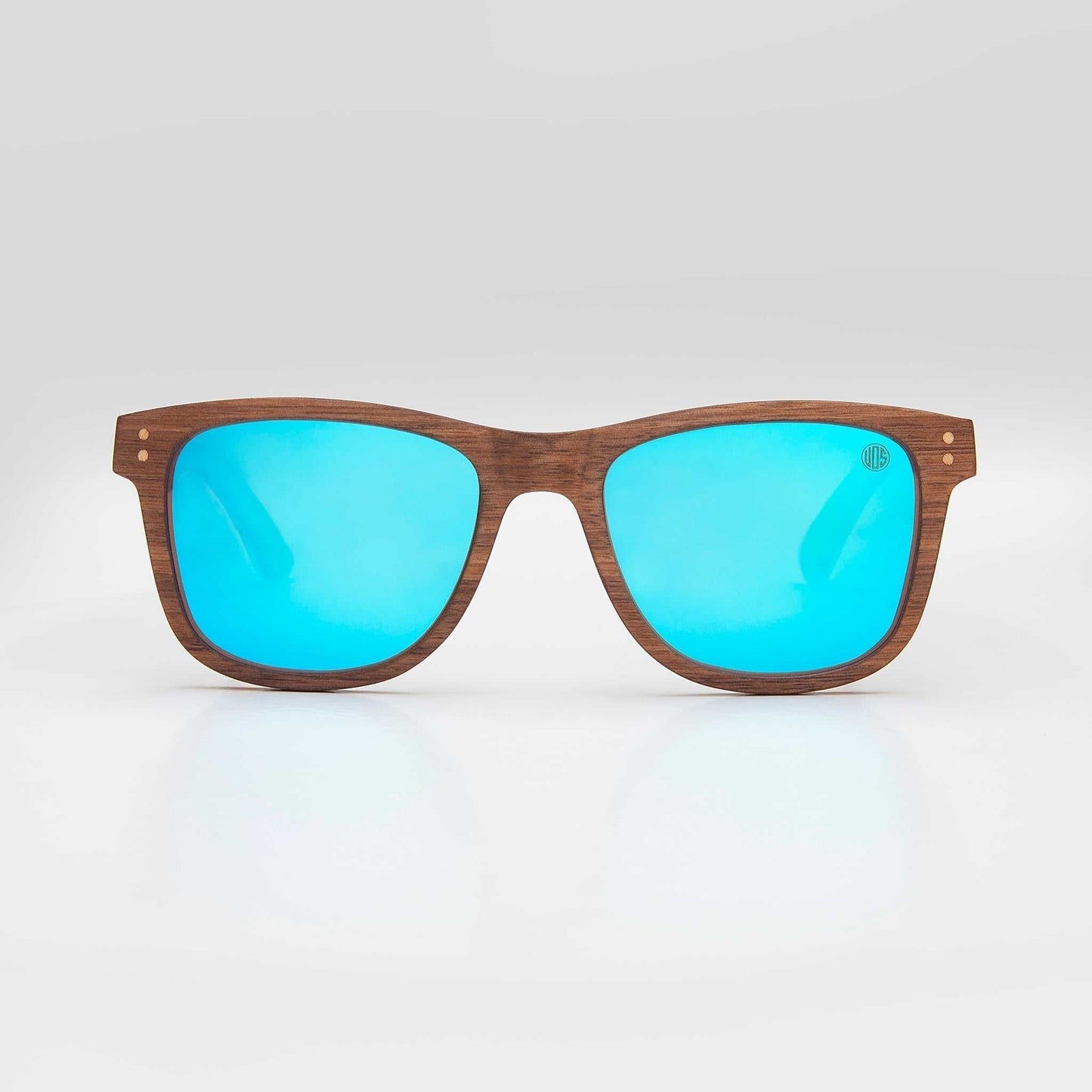 Wood-look sunglasses with sky-blue mirror lenses and brown frame