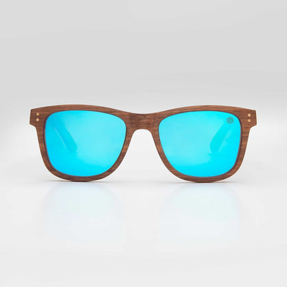 Wood-look sunglasses with sky-blue mirror lenses and brown frame