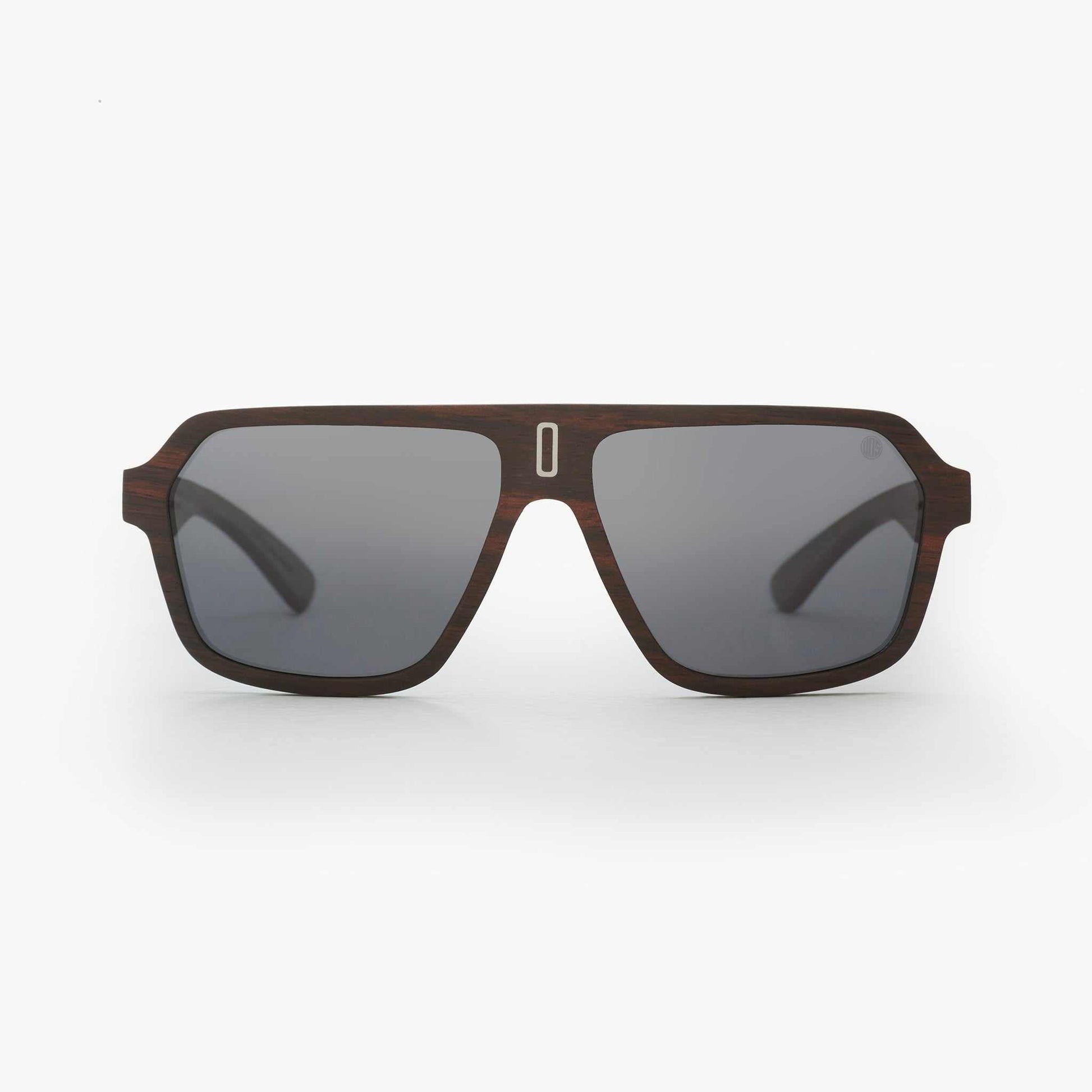 Mavericks sunglasses with gray lenses and dark wood-style frames