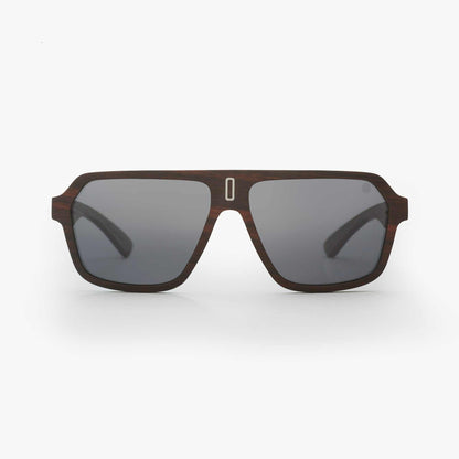 Mavericks sunglasses with gray lenses and dark wood-style frames