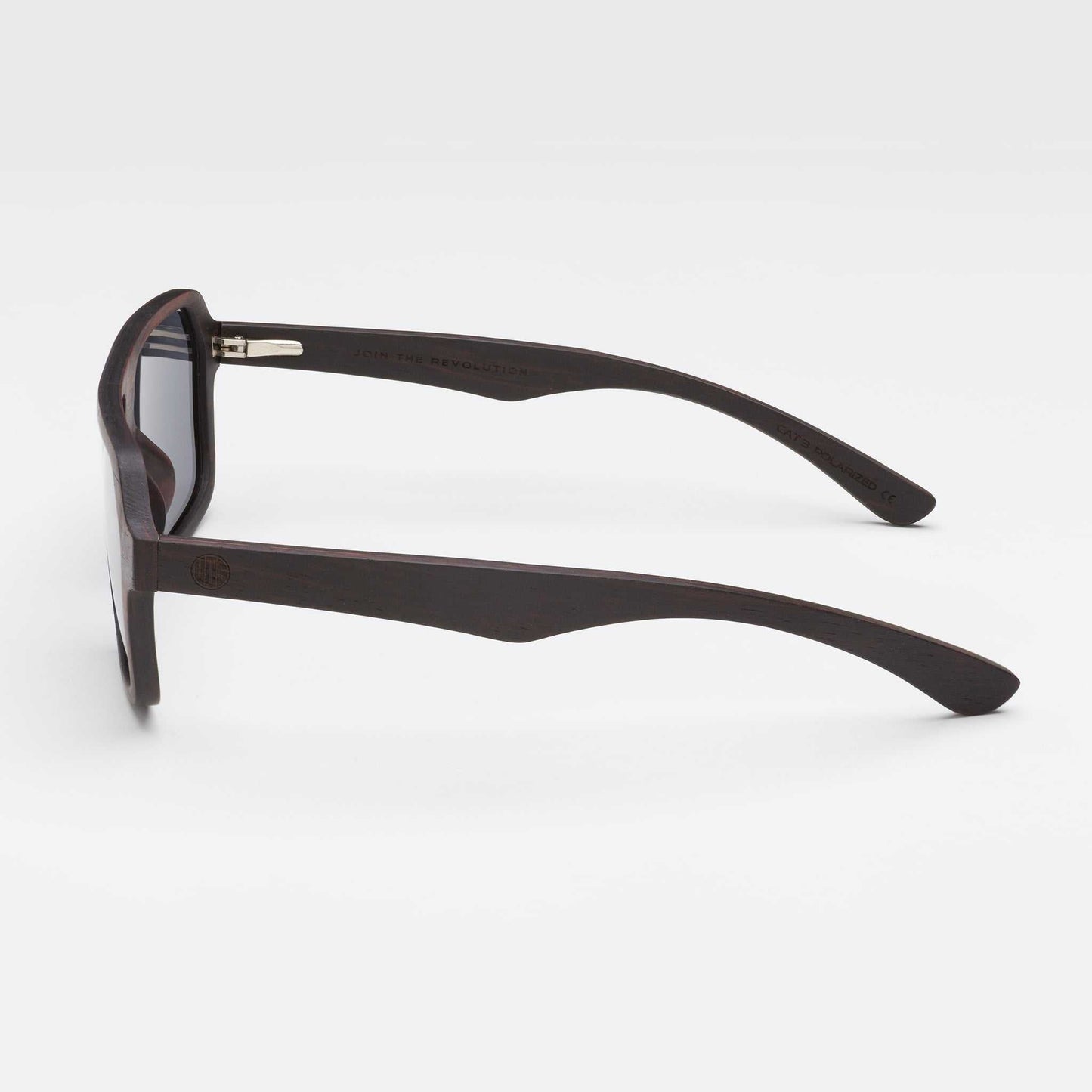 Mavericks sunglasses side view with dark wood-style frame and dark lenses