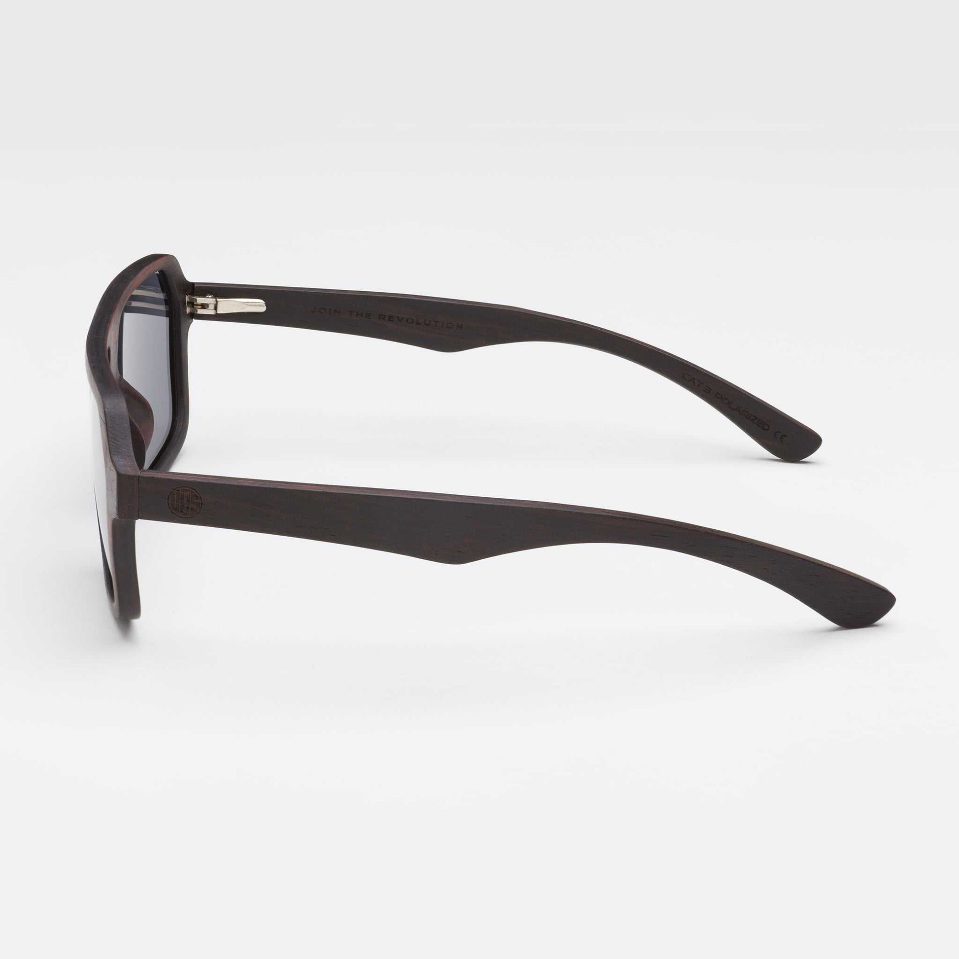 Mavericks sunglasses side view with dark wood-style frame and dark lenses