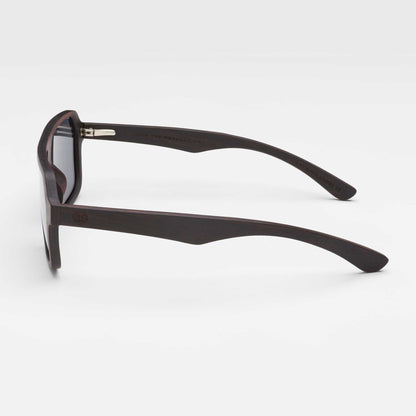 Mavericks sunglasses side view with dark wood-style frame and dark lenses