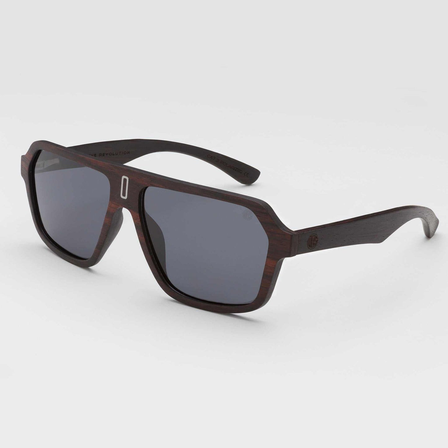 Mavericks sunglasses with dark gray lenses and dark wood-style frames